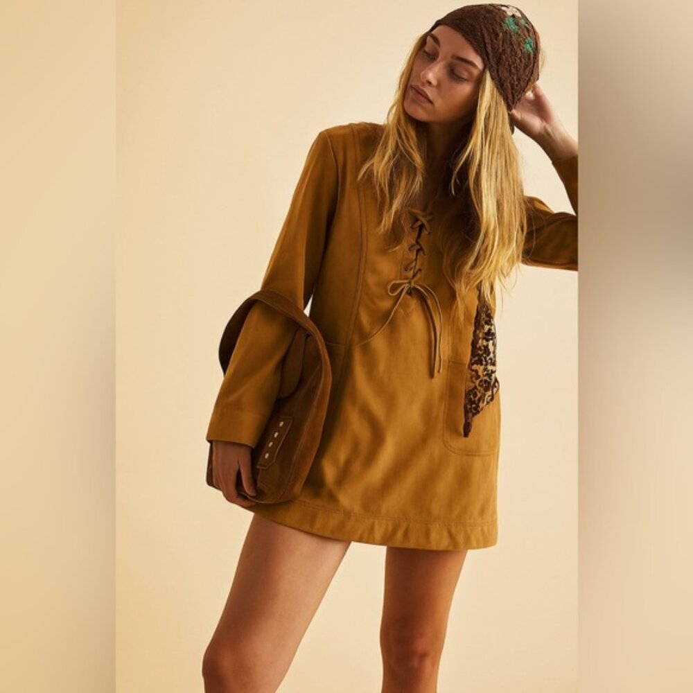 Free People Bradley Suede Tan Mini Dress - Size XS